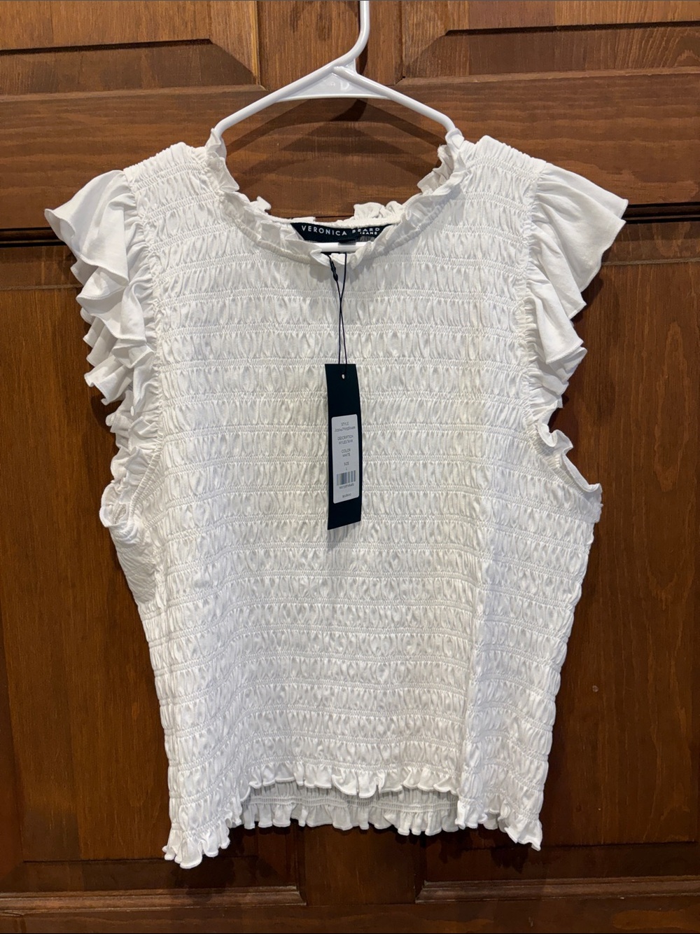 NWT $228 Veronica Beard Wyles White Smocked Ruffle Cap-Sleeve Top tank large